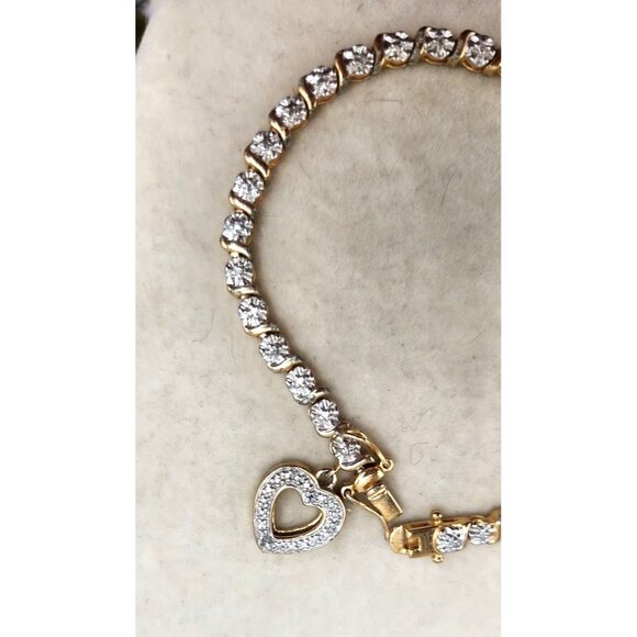 Gold Plated Sterling Silver CZ Tennis Bracelet With Dangle Heart Charm - Picture 3 of 6